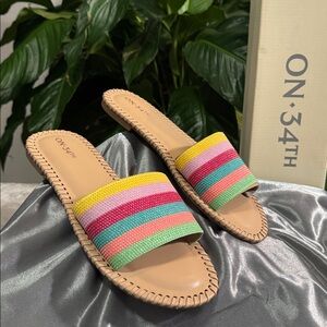 On 34th Striped Beaded Flat Slip On Sandals - Women's 8M - EU 39